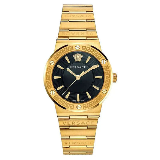 Versace Greca Black Dial Gold Steel Strap Women's Watch - VEVH00820