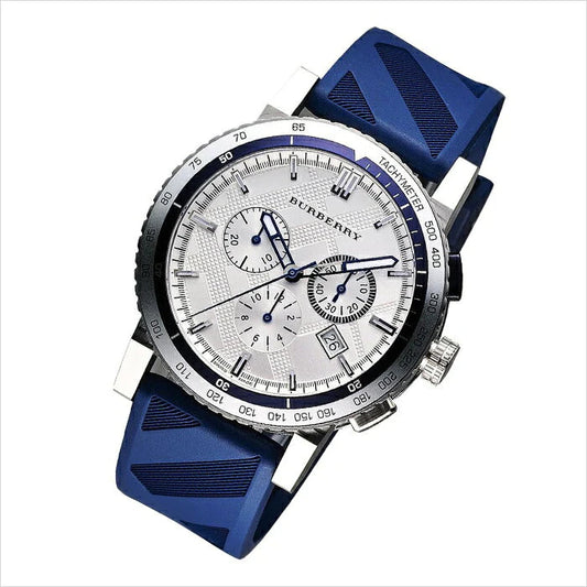 Burberry City Sport Swiss Analog Quartz Blue Rubber Strap Chronograph Mens BU9808