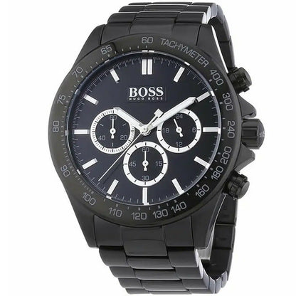 Hugo Boss chronograph watch at angle showing black dial and tachymeter bezel