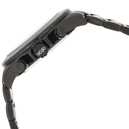Hugo Boss chronograph watch angled side view showing pushers and metal band