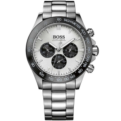 Hugo Boss Ikon chronograph watch with silver dial, steel case, and steel bracelet