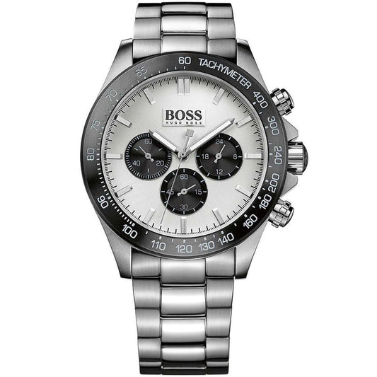Hugo Boss Ikon chronograph watch with silver dial, steel case, and steel bracelet