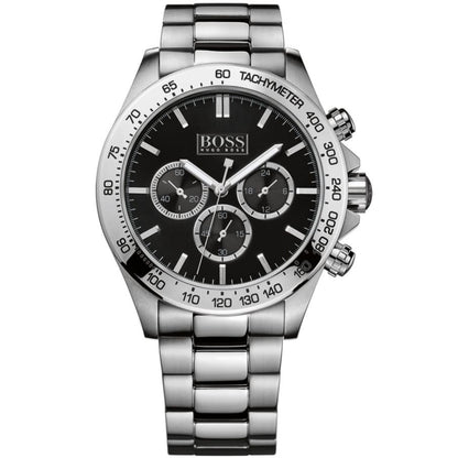 Hugo Boss Ikon chronograph watch with black dial, tachymeter bezel, and silver steel bracelet