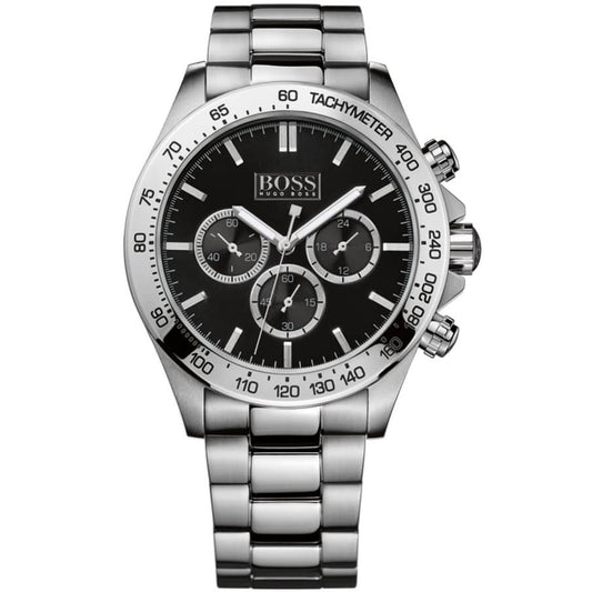 Hugo Boss Ikon chronograph watch with black dial, tachymeter bezel, and silver steel bracelet