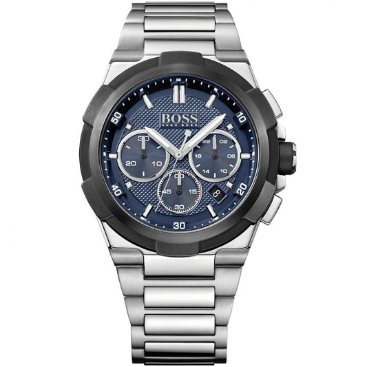 Silver watch with blue face on a white background
