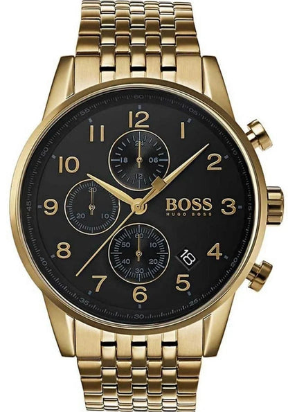Hugo Boss Navigator Chronograph Black Dial Gold Steel Strap Watch - 1513531