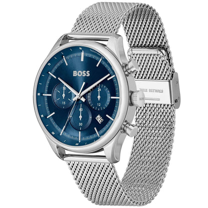 Hugo Boss Gregor watch angled view showing silver mesh bracelet and blue chronograph dial