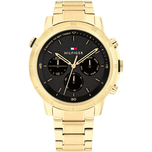 Tommy Hilfiger Troy Chronograph Black Dial Gold Steel Strap Watch For Men - 1792109