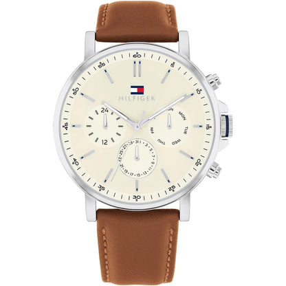 Tommy Hilfiger Tyson men's watch with parchment dial, brown leather strap, and chronograph subdials