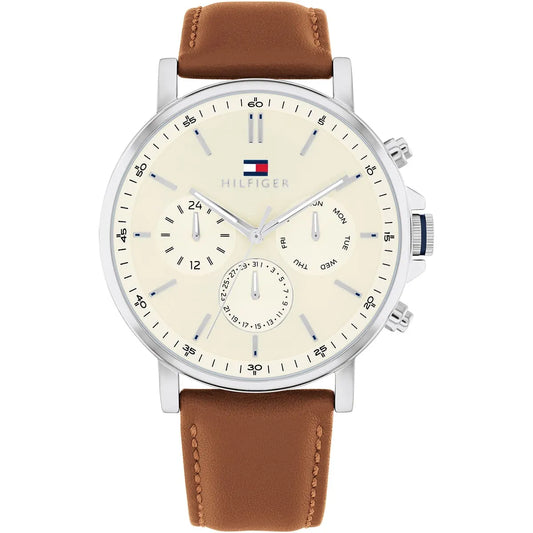Tommy Hilfiger Tyson men's watch with parchment dial, brown leather strap, and chronograph subdials
