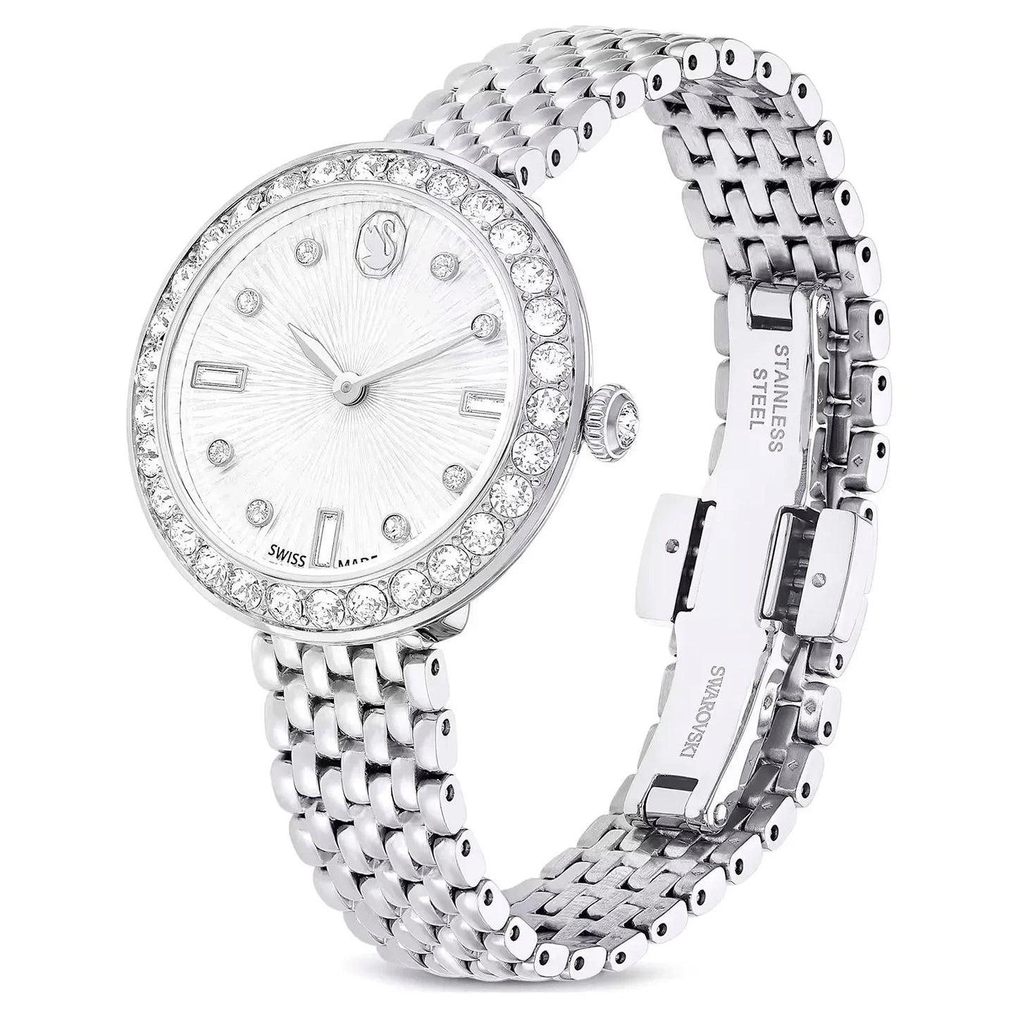 Swarovski Octea Chrono Faceted Crystal Bezel Silver Dial Silver Steel Women's Watch 5673022