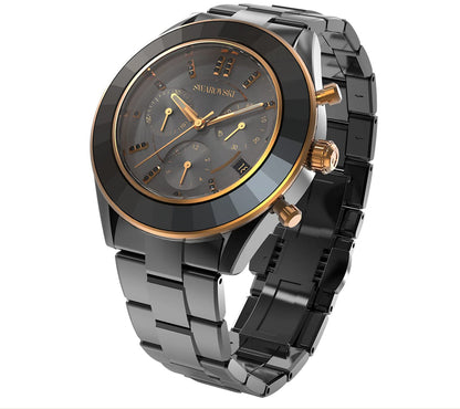 Swarovski Octea Lux Sport Faceted Crystal Bezel Black Dial Black PVD Unisex Watch 5610472