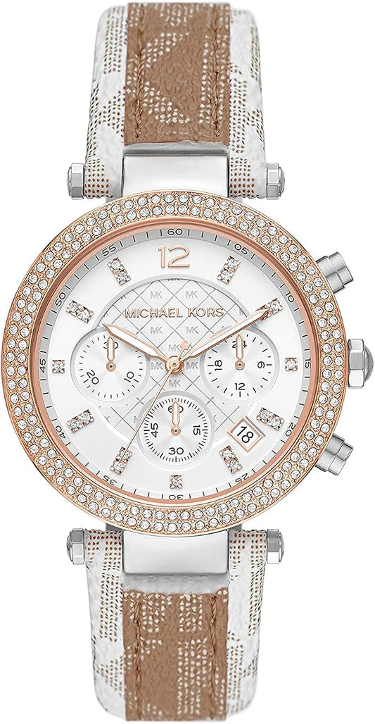 Michael Kors Parker Pavé Two-tone Signature-Print PVC and Leather Strap Watch - MK6950