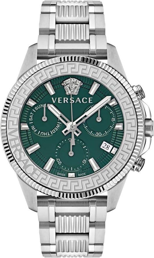 Versace Greca Action Chronograph Quartz Green Dial Silver Steel Strap Men's Watch - VE3J00422