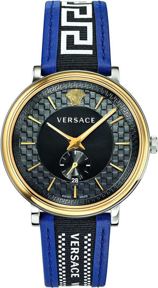 Versace V-Circle Black Dial Blue Leather Strap Watch for Men - VEBQ01419