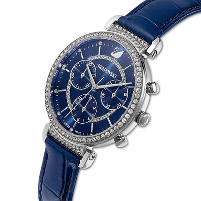 Swarovski Passage Chrono Crystal Cupchain Bezel Navy Dial Blue Leather Women's Watch 5580342