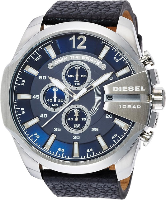 Diesel Mega Chief Blue Dial Black Leather Chronograph Watch DZ4423