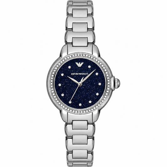 Emporio Armani Mia Three Hand Crystals Blue Dial Silver Steel Strap Watch For Women - AR11630