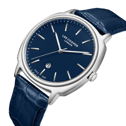Lee Cooper Date Window Navy Blue Dial and Genuine Leather Silver Watch - LC08248.399