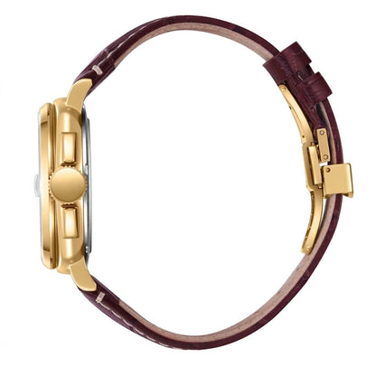 Watch with brown leather strap and rose gold case on a white background