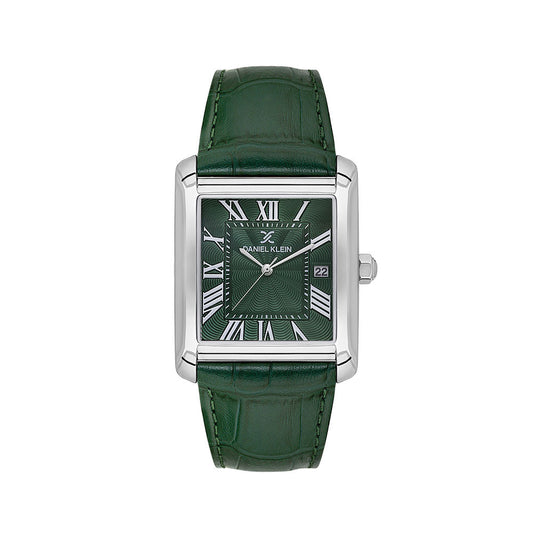 Daniel Klein Classic Green Dial and Genuine Leather Strap Silver Watch - DK.1.13909-3