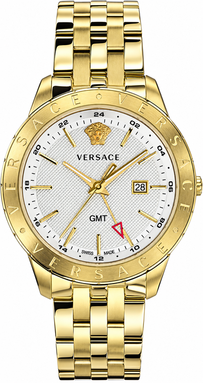 A gold-tone Versace watch with a white dial, featuring the brand's Medusa logo, a date window, and a matching gold-tone link bracelet.