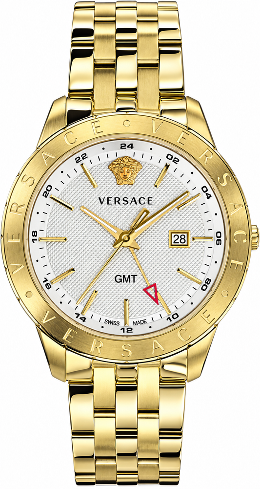 A gold-tone Versace watch with a white dial, featuring the brand's Medusa logo, a date window, and a matching gold-tone link bracelet.