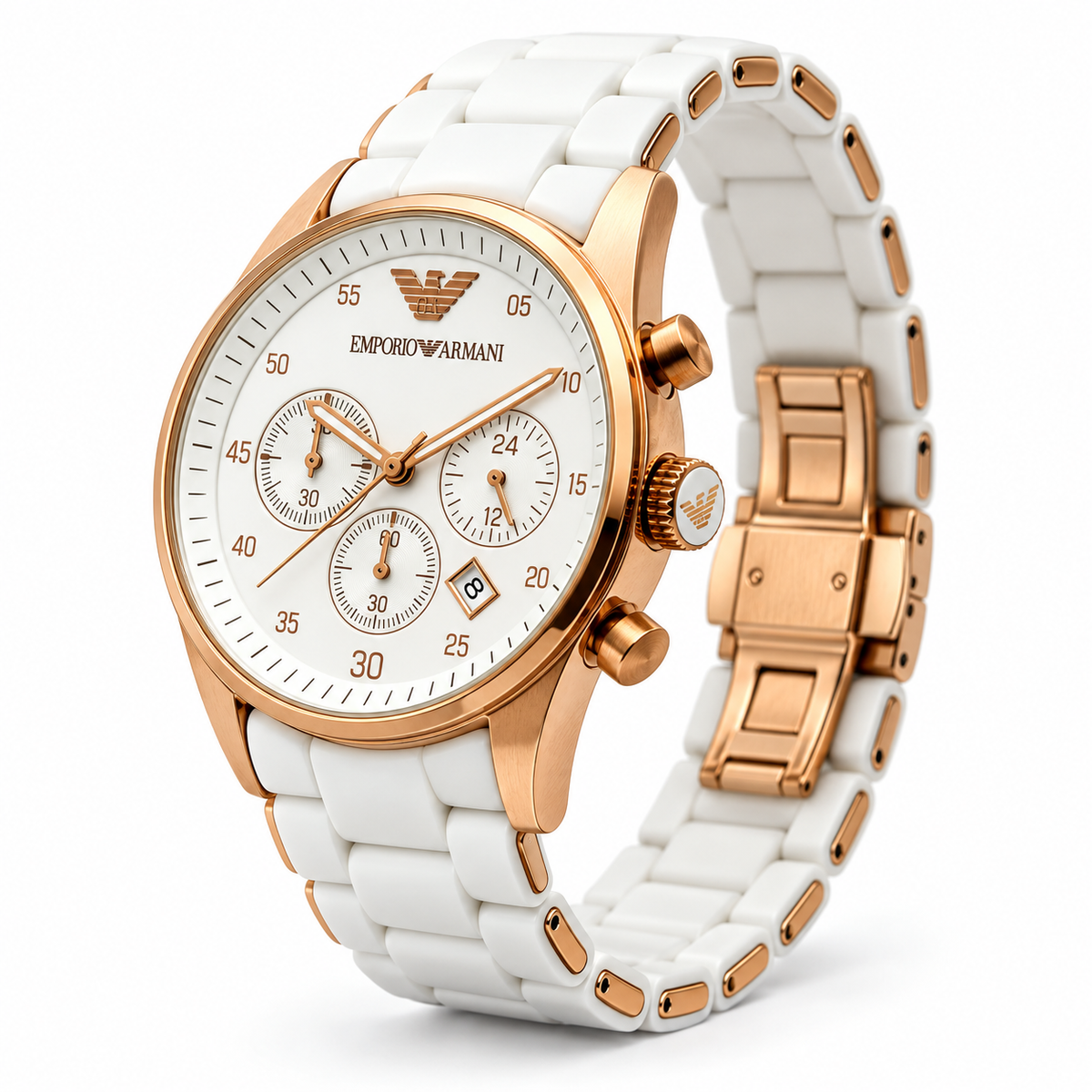 An Emporio Armani chronograph watch with a white ceramic link strap, white dial, and rose gold-tone case and accents, shown on a clean white background.
