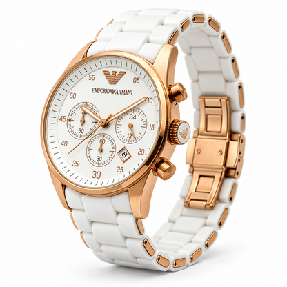 An Emporio Armani chronograph watch with a white ceramic link strap, white dial, and rose gold-tone case and accents, shown on a clean white background.