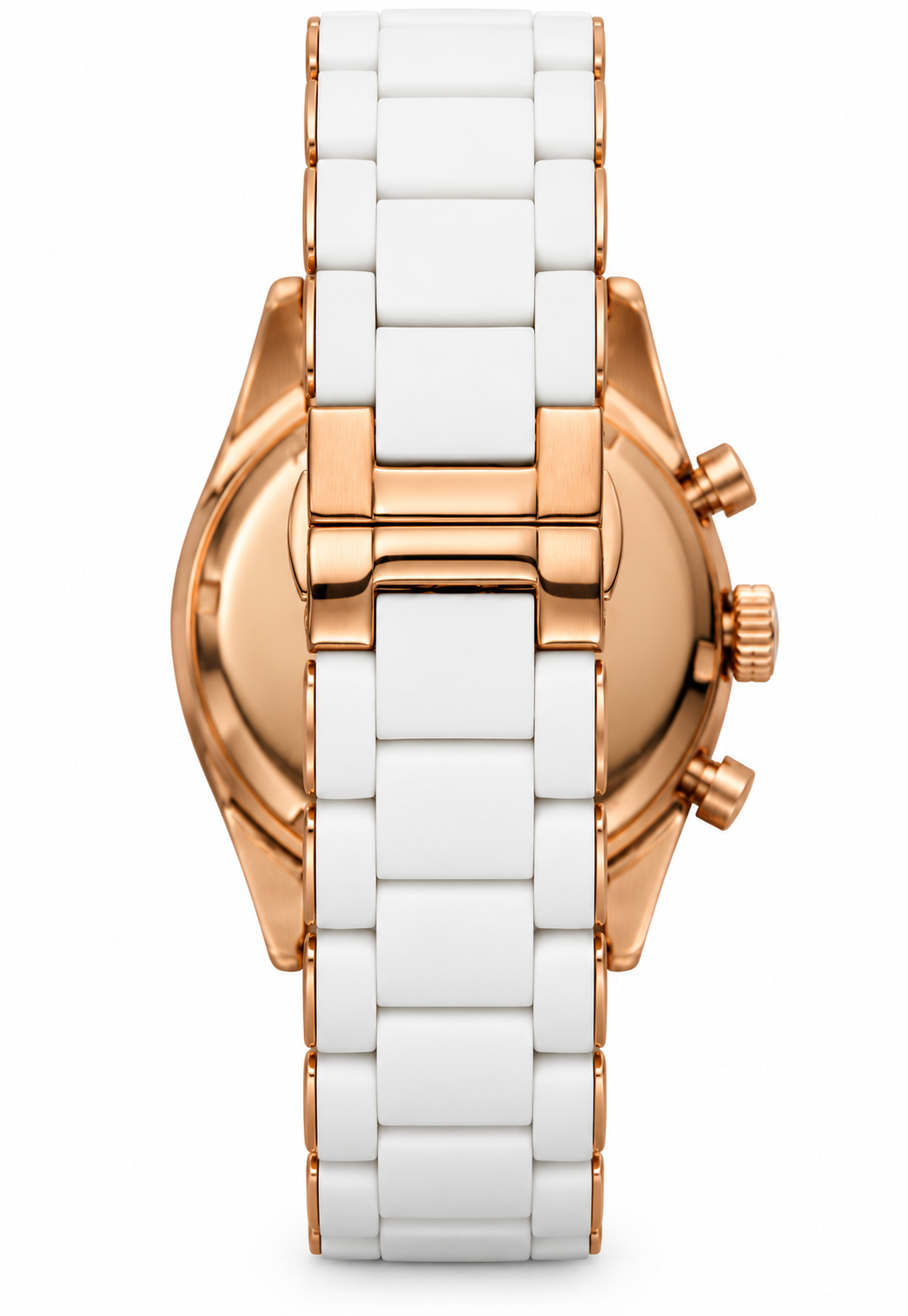 A close-up rear view of a women's chronograph watch featuring a white ceramic link bracelet and a polished rose gold-tone case.