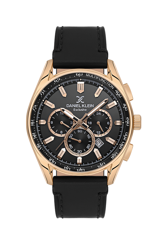 Daniel Klein Exclusive Black Dial and Genuine Leather Strap Rose Gold Watch - DK.1.13902-3
