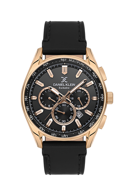 Daniel Klein Exclusive Black Dial and Genuine Leather Strap Rose Gold Watch - DK.1.13902-3