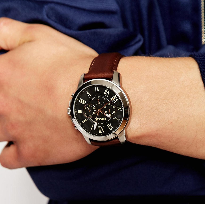 Fossil Grant Chronograph Black Dial Leather Strap Men's Watch FS4813