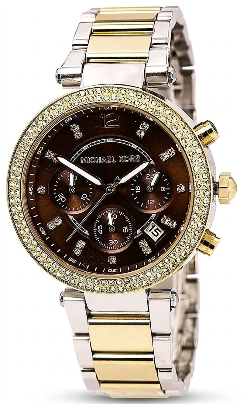 Michael Kors Parker Chronograph Brown Dial Two Tone Steel Strap Women's Watch MK6118 (DEFECT)