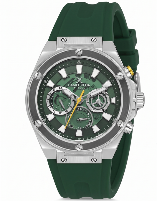 Daniel Klein Exclusive Green Skeleton Dial and Silicone Strap Silver Watch - DK.1.13889-2