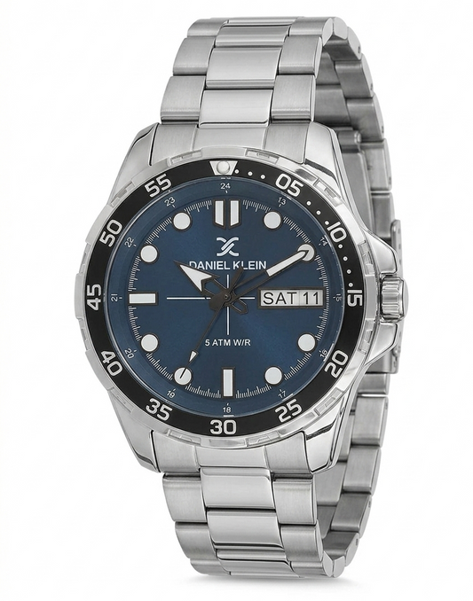 Daniel Klein Premium Day Date Window Blue Dial Silver Watch - DK.1.13884-5
