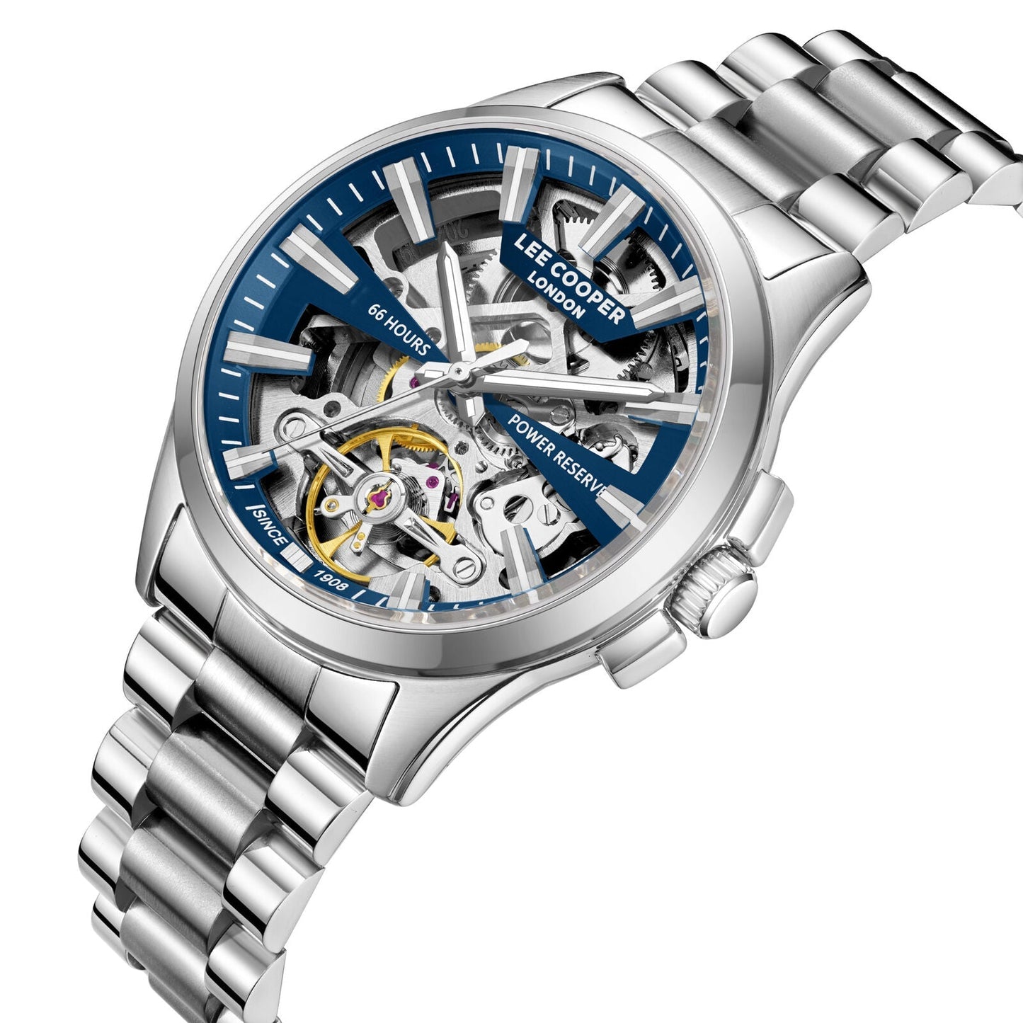 Lee Cooper Skeleton Automatic Blue Dial Silver Watch - LC08311.390