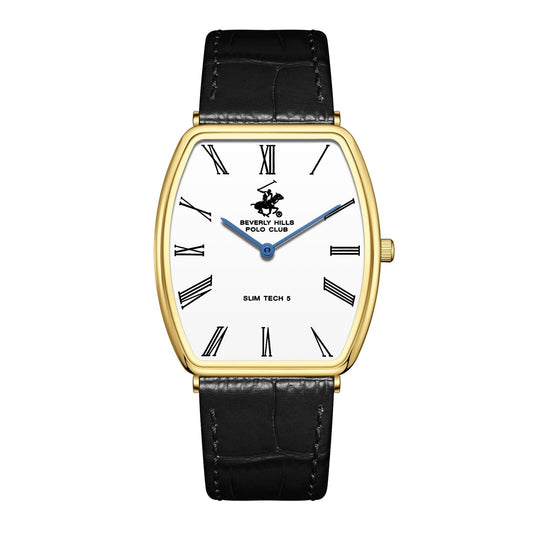 Beverly Hills Polo Club Slim Tech 5 White Dial Black Leather Gold Watch BP3863X.131