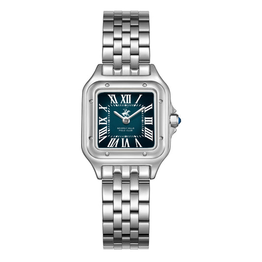 Beverly Hills Polo Club Roman Numeral Blue Dial Square Silver Watch BP3755C.370