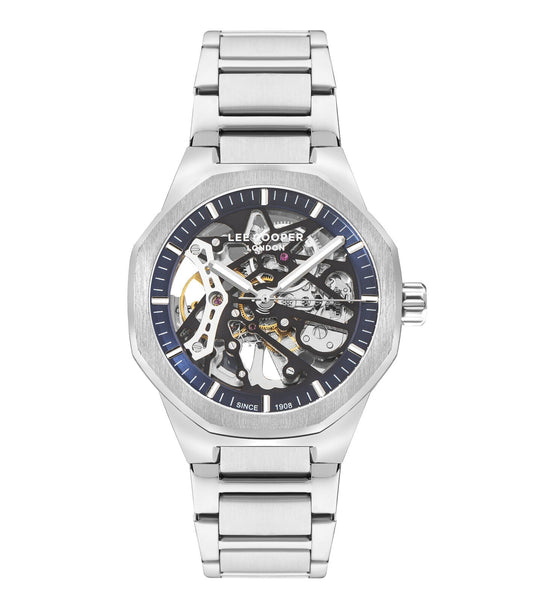 Lee Cooper Richard Automatic Skeleton Blue Dial Silver Watch - LC07905.390