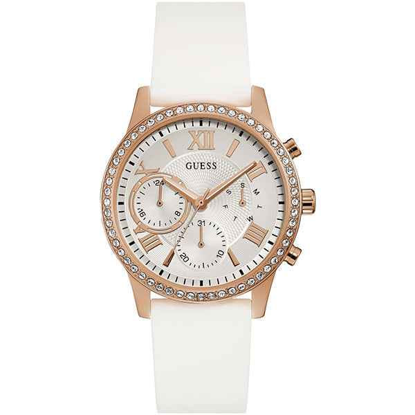 Guess Solar Rose Gold White Dial White Rubber Strap Women's Watch  W1135L1 - Big Daddy Watches