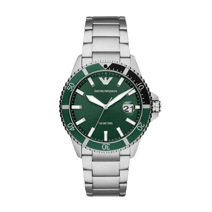 Emporio Armani AR11338 green dial diver watch with silver bracelet and rotating bezel