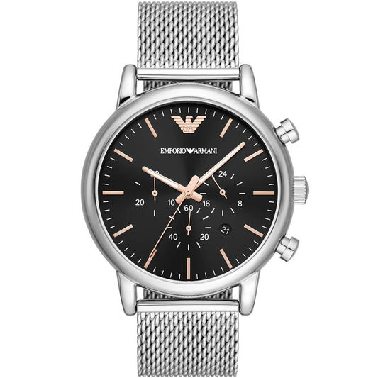Emporio Armani Luigi Chronograph Black Dial Silver Mesh Men's Watch - AR11429