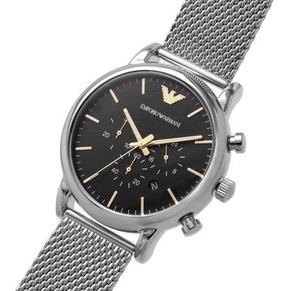 Emporio Armani Luigi Chronograph Black Dial Silver Mesh Men's Watch - AR11429