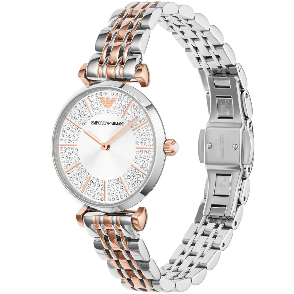Emporio Armani Gianni T-Bar watch showing bracelet detail and profile with silver and rose gold two-tone strap