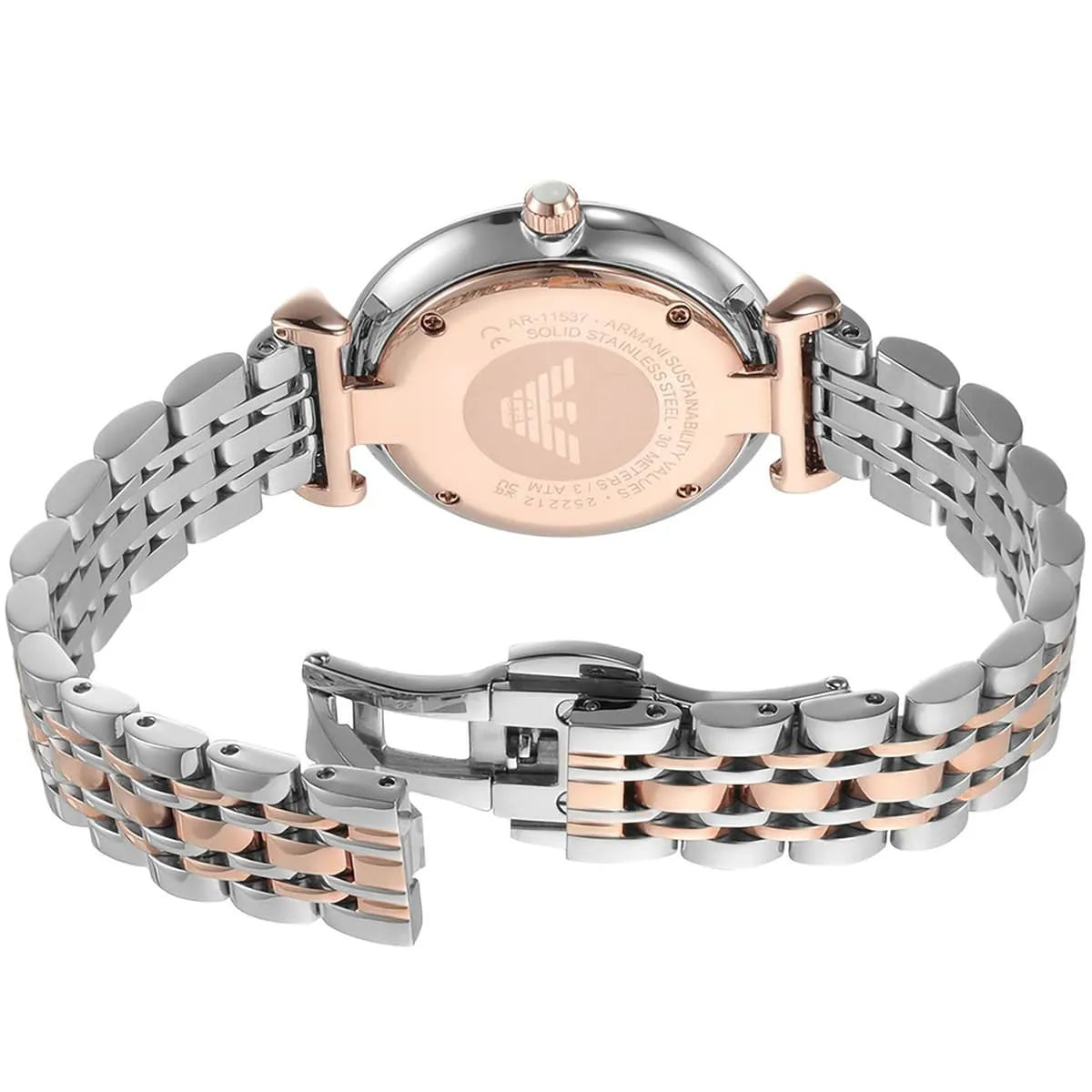 Caseback of Emporio Armani Gianni T-Bar AR11537 showing rose gold case and bracelet underside