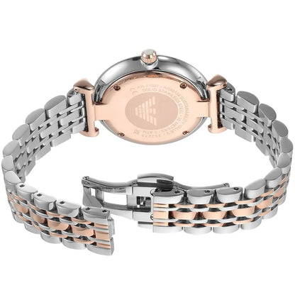 Caseback of Emporio Armani Gianni T-Bar AR11537 showing rose gold case and bracelet underside