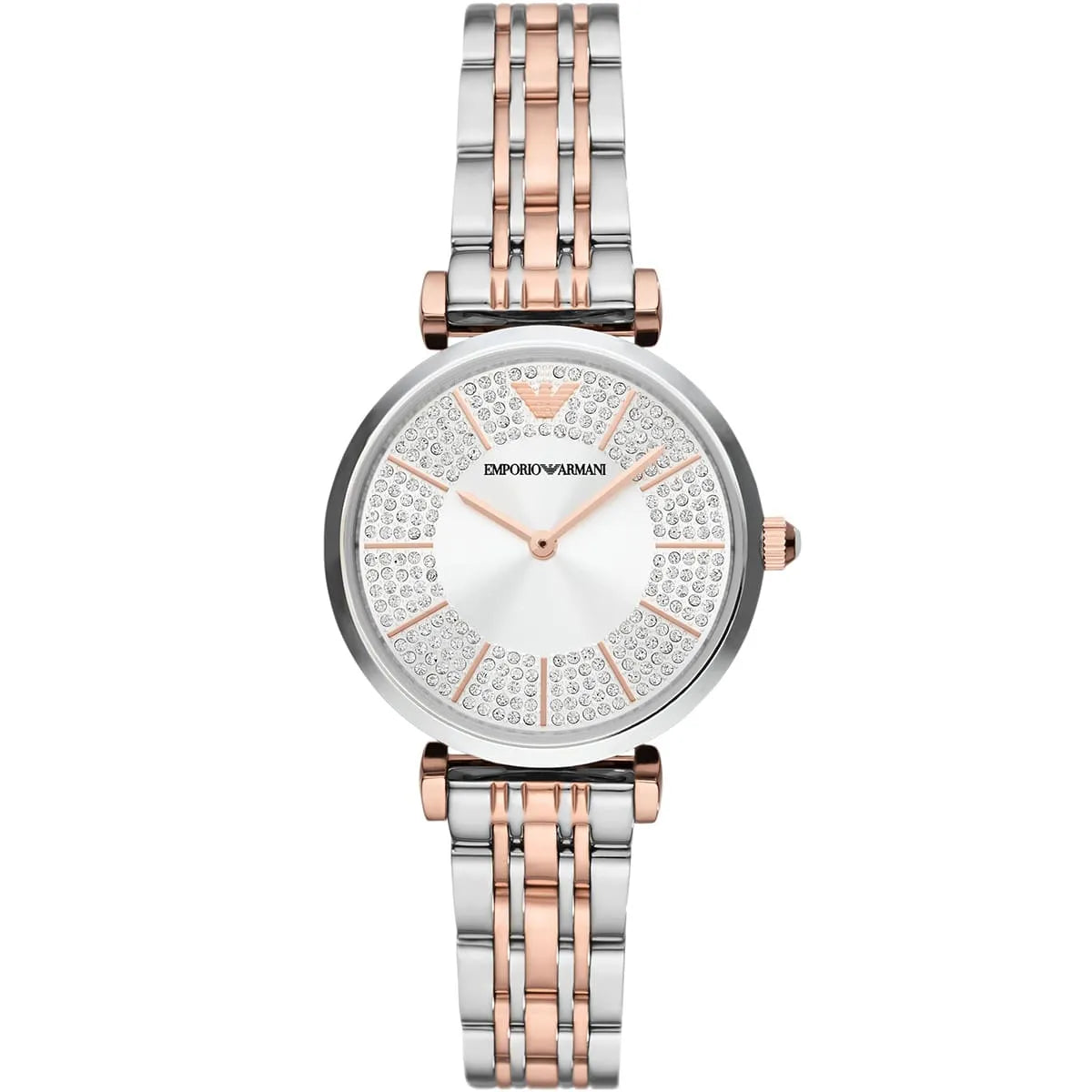 Emporio Armani Gianni T-Bar women's watch with silver sunray crystal dial and two-tone metal strap