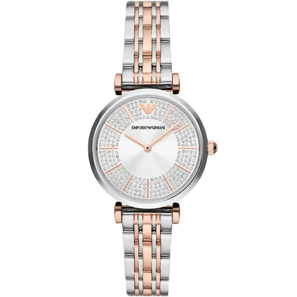 Emporio Armani Gianni T-Bar women's watch with silver sunray crystal dial and two-tone metal strap
