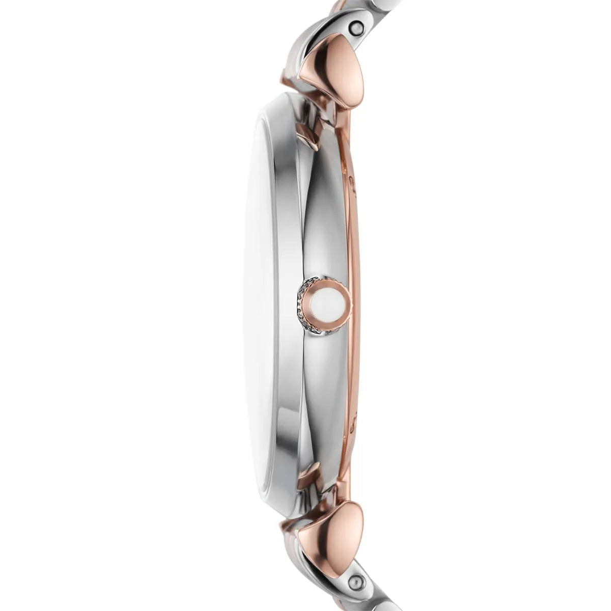 Side view of Emporio Armani Gianni T-Bar watch showing rose gold and stainless steel bracelet composition